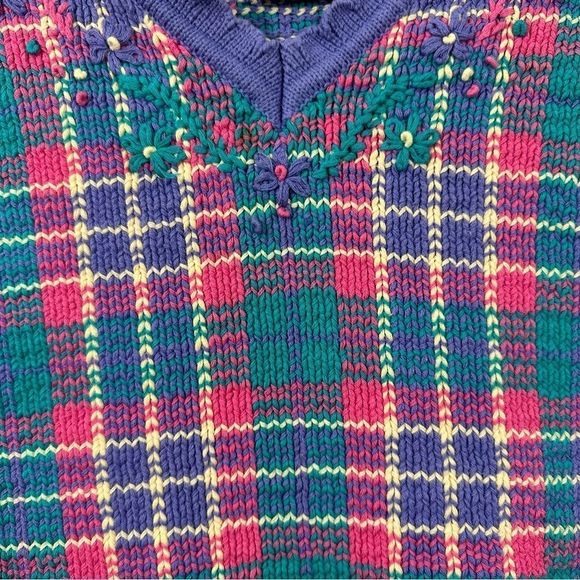 VTG Rainbow Reflections Plaid Floral V-Neck Sweater Womens Xl PreOwned - Picture 3 of 10